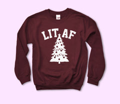 maroon sweatshirt with a christmas tree that says lit af - HighCiti