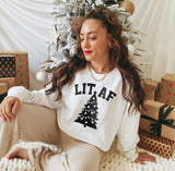 white sweatshirt with a christmas tree that says lit af - HighCiti