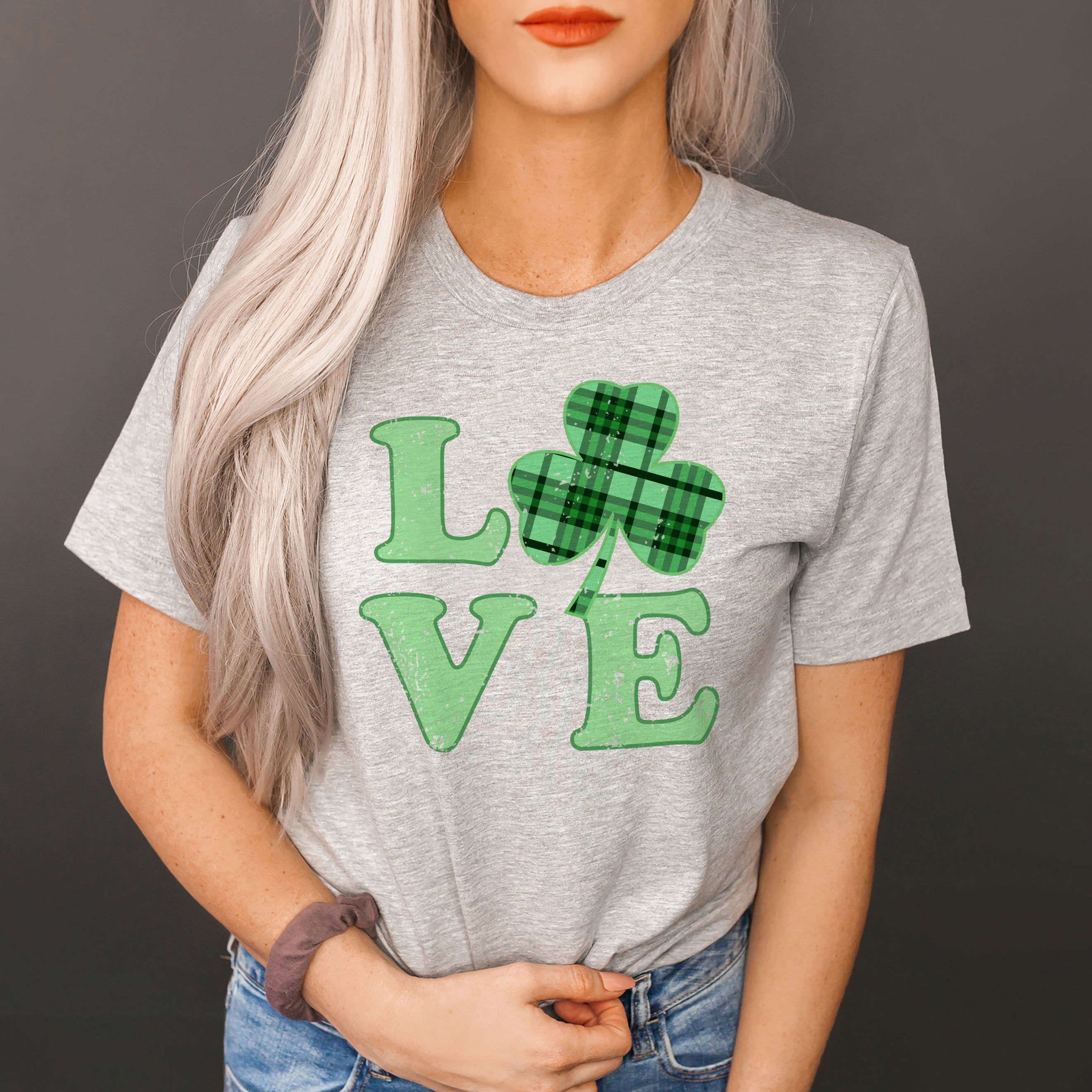 Heather grey shirt with a green shamrock plaid that says love - HighCiti