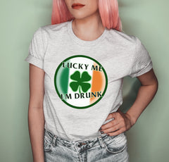 Grey shirt with a shamrock and a irish flag saying lucky me I'm drunk - HighCiti