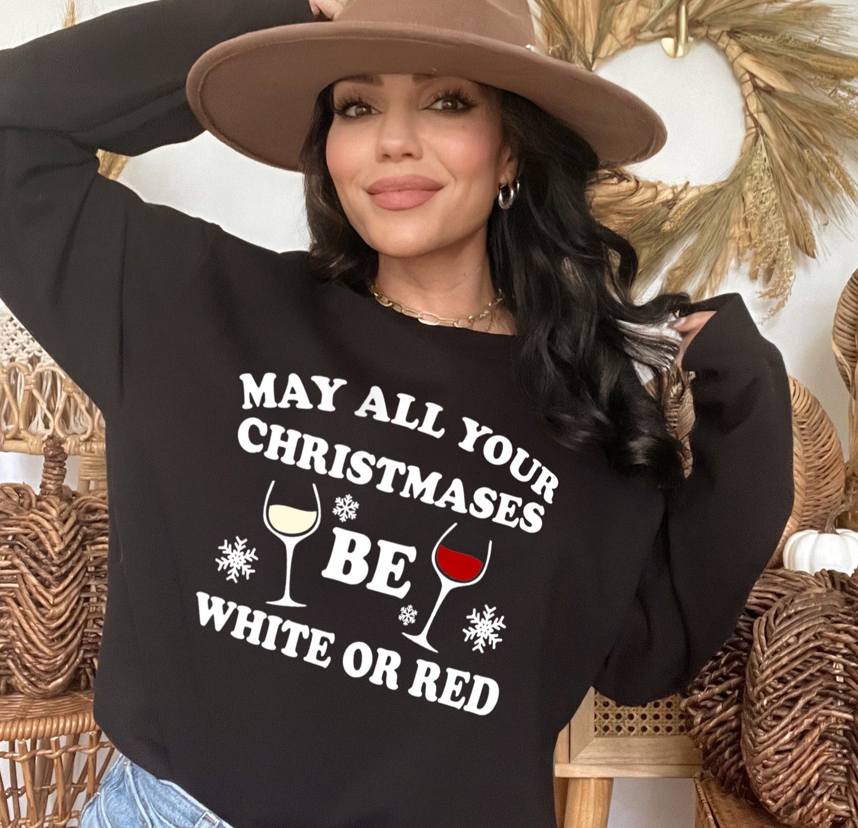 black sweater with red wine that says may all your christmases be white or red - HighCiti