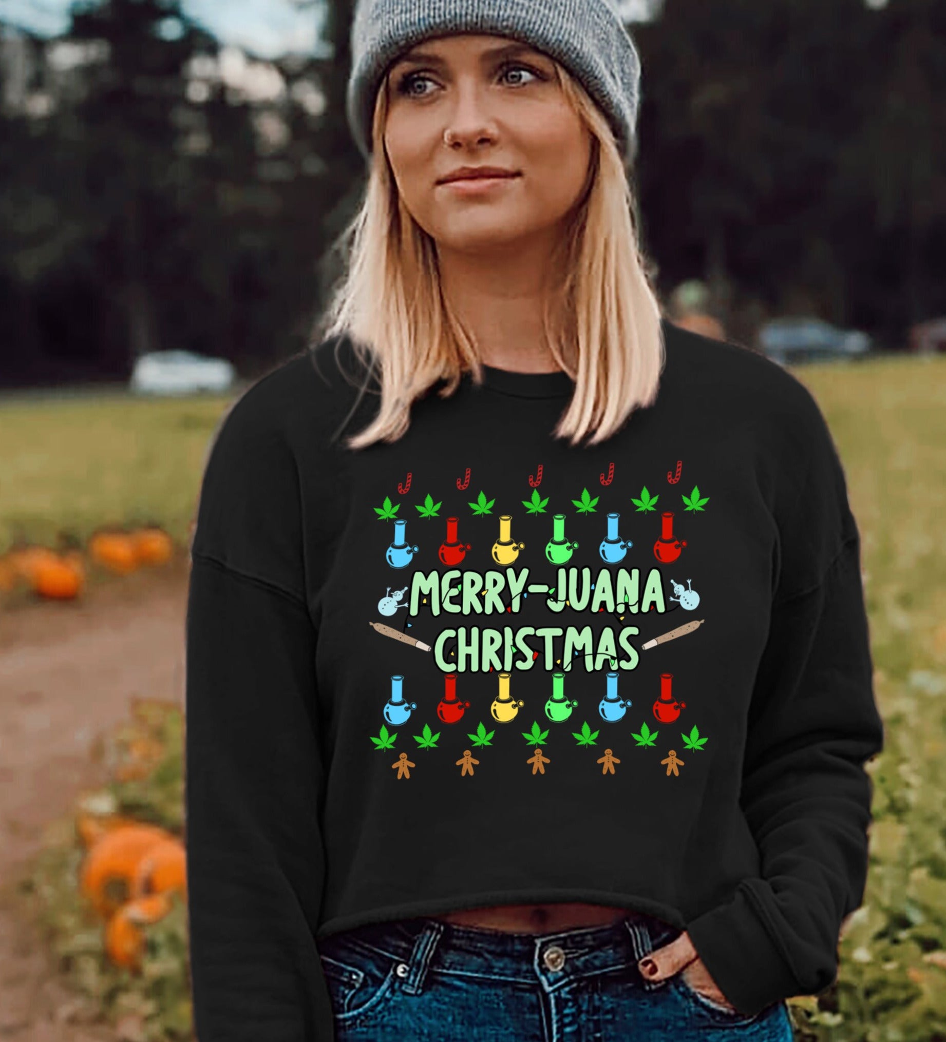 Black crop sweater saying merry juana christmas - HighCiti