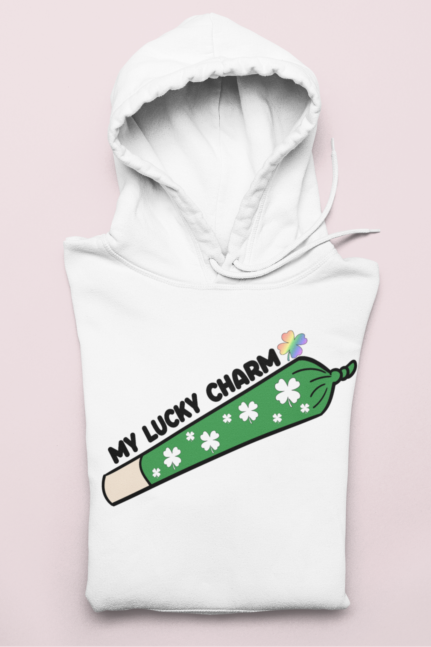 White hoodie with a joint saying my lucky charm - HighCiti
