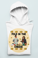 White hoodie with moira and david rose saying fold in the cheese - HighCiti