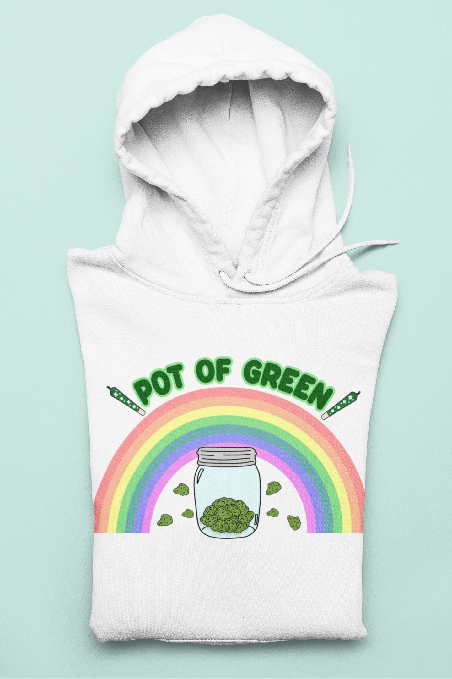 White hoodie with a rainbow and a jar of weed saying pot of green - HighCiti