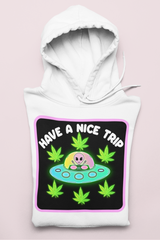 White hoodie with an alien and weed leaf saying have a nice trip - HighCiti
