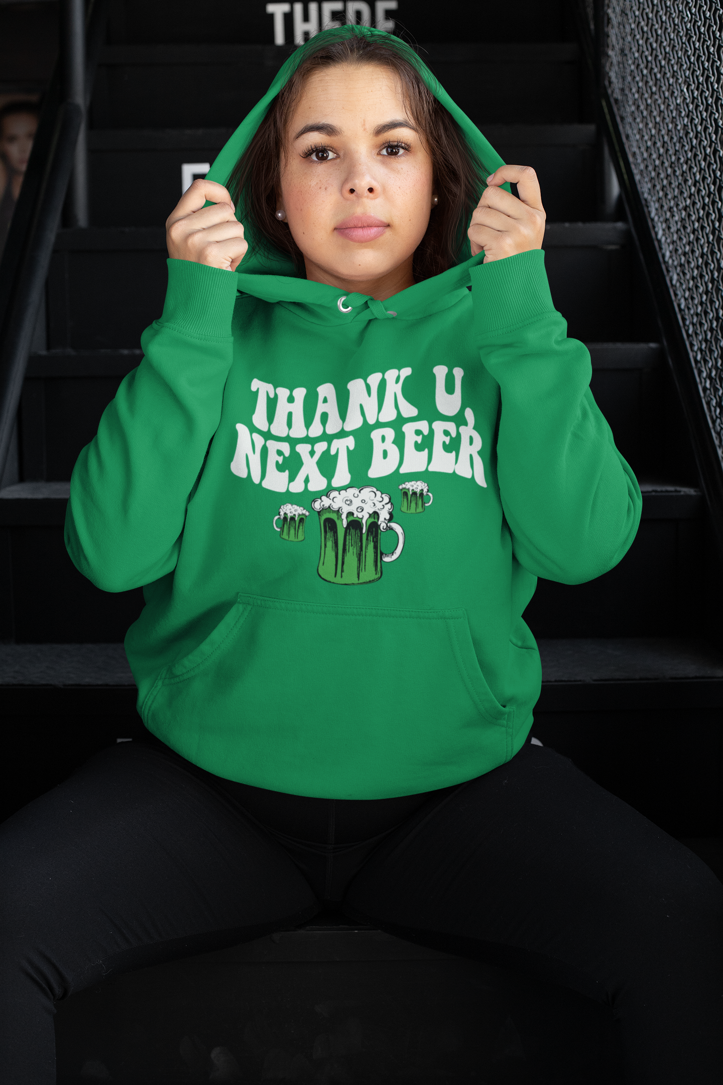 Green hoodie that says thank u, next beer - HighCiti