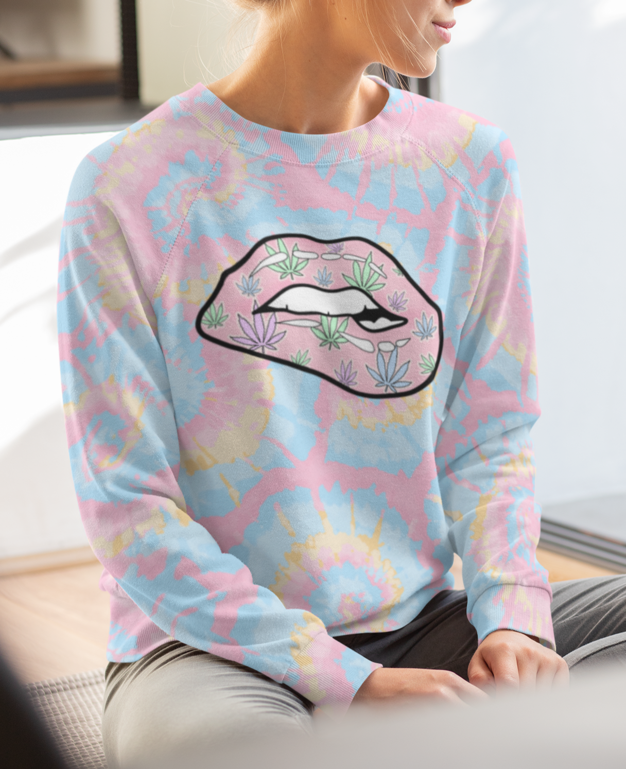 Tie-dye sweatshirt with weed lips - HighCiti