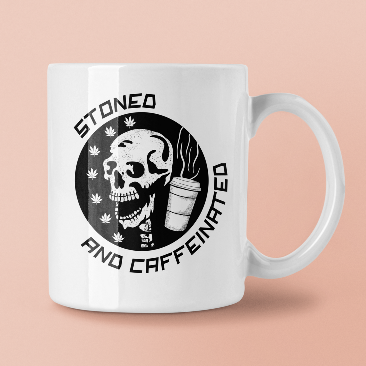White mug with a skeleton and a coffee saying stoned and caffeinated - HighCiti