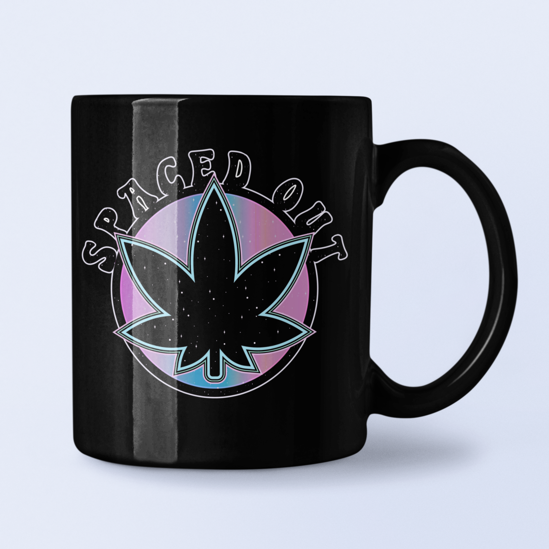 black mug with a weed leaf that says spaced out - HighCiti