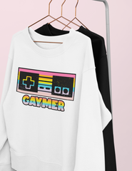 White sweatshirt with a nintendo remote saying gaymer - HighCiti