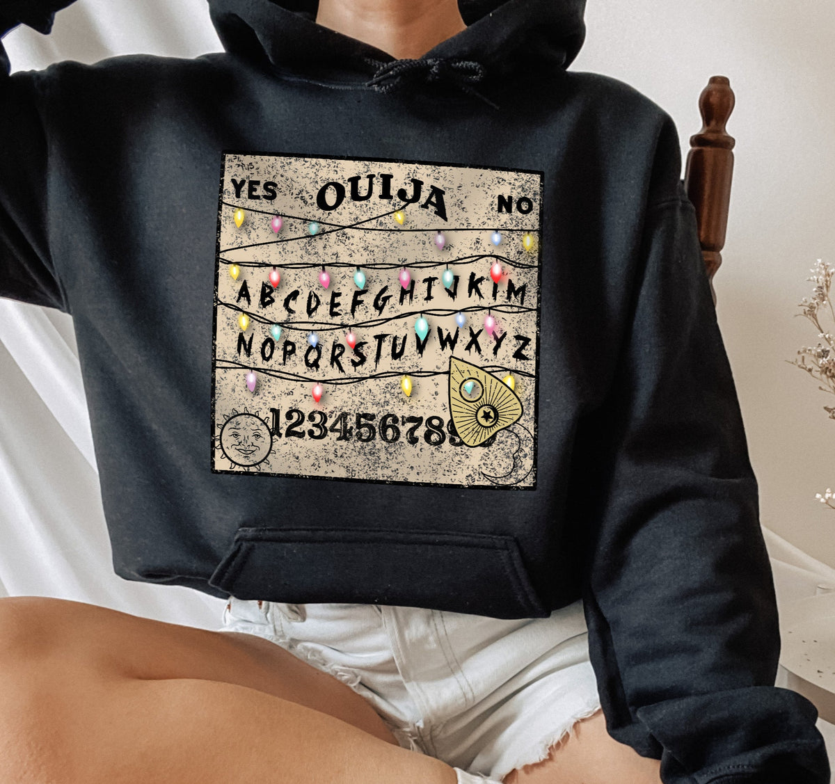 Black hoodie with a strange things ouija board - HighCiti
