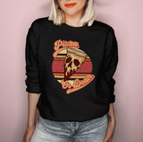Black sweatshirt with a retro pizza graphic that says pizza or death - HighCiti