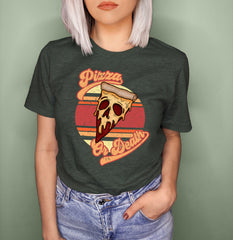 Heather forest shirt with a retro pizza graphic that says pizza or death - HighCiti