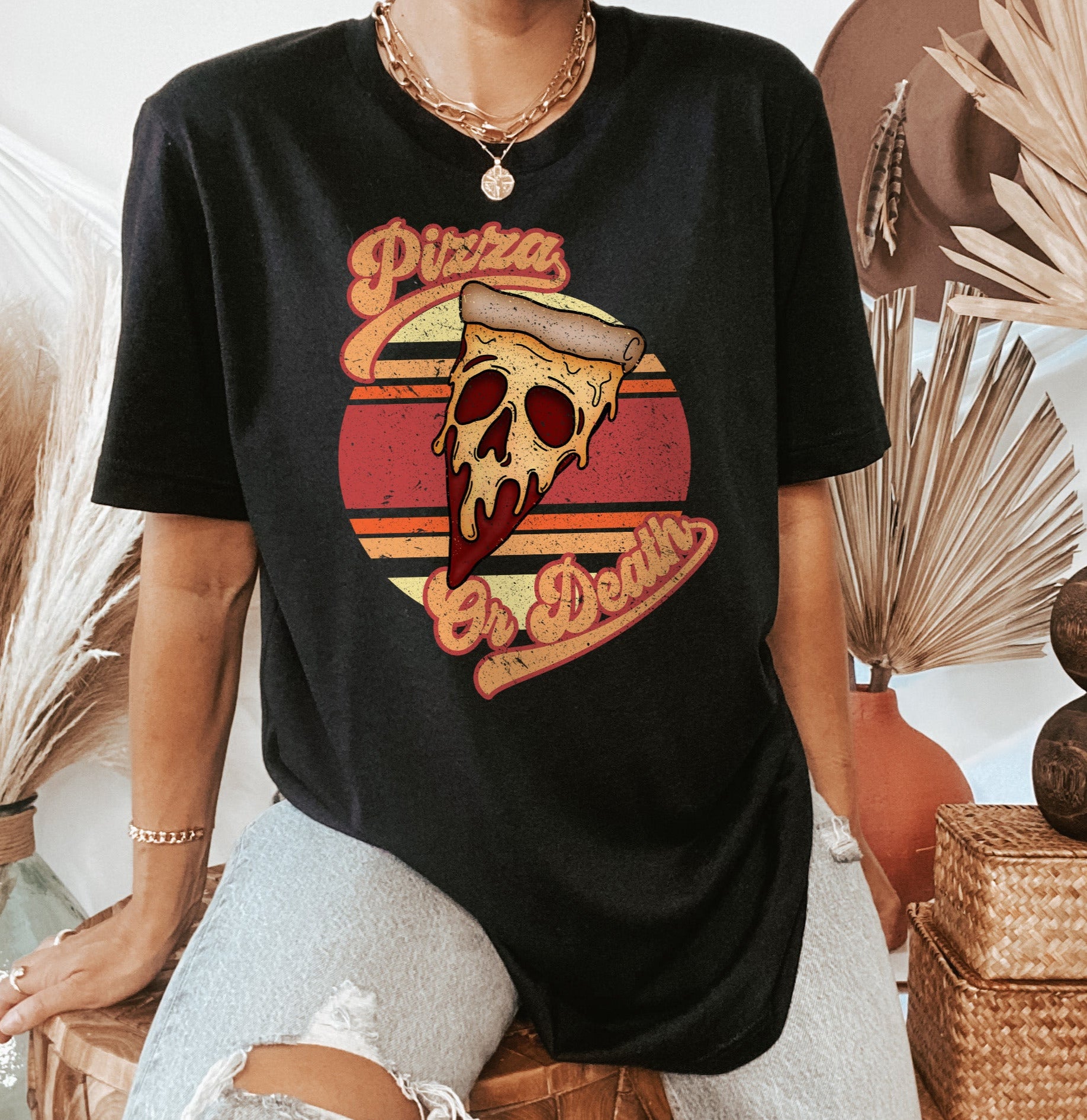 black shirt with a retro pizza graphic that says pizza or death - HighCiti