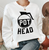 White sweatshirt with a coffee pot saying pot head - HighCiti