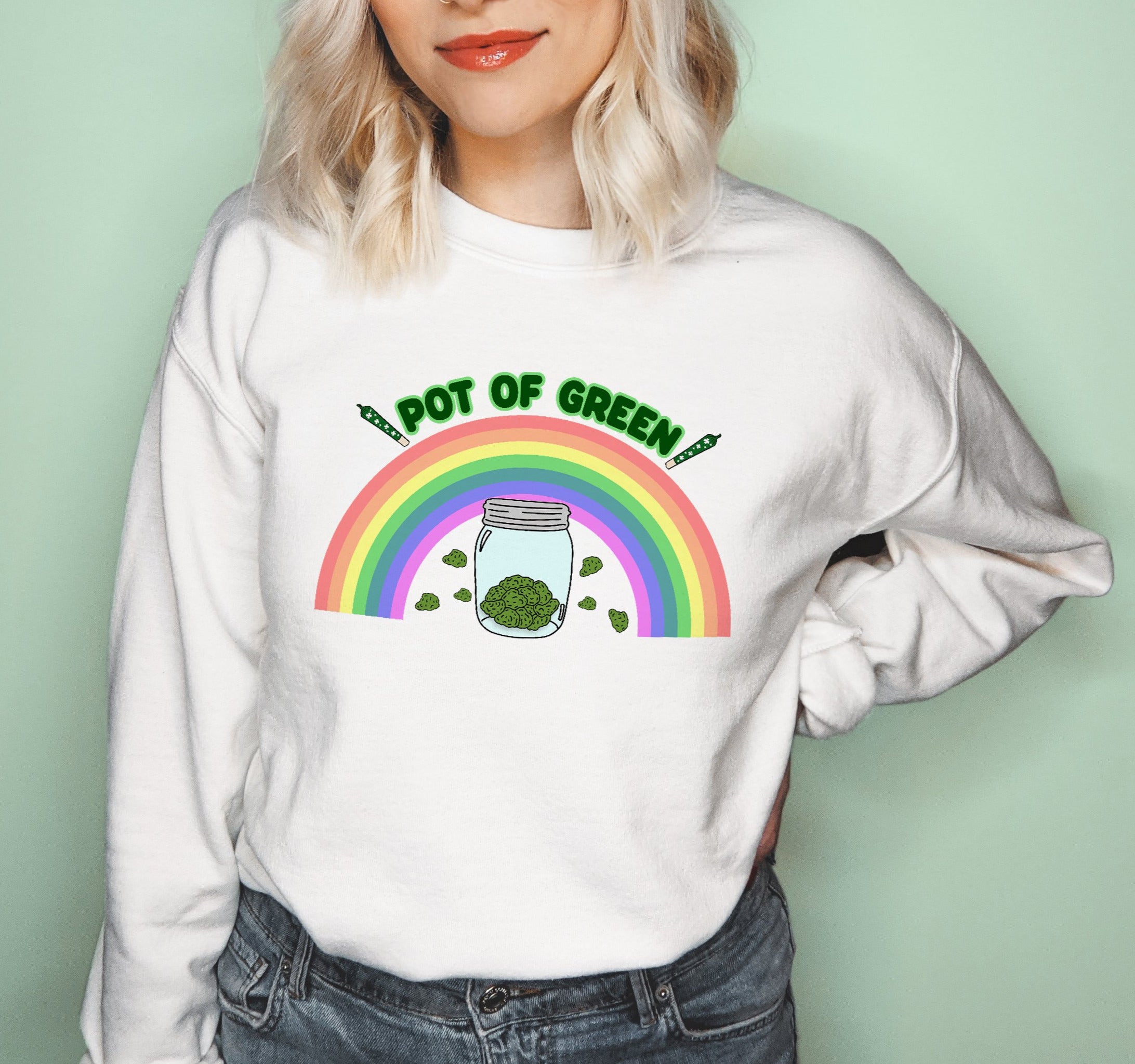 White sweatshirt with a rainbow and a jar of weed saying pot of green - HighCiti