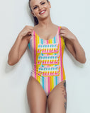 Rainbow stripes swimsuit saying pride - HighCiti
