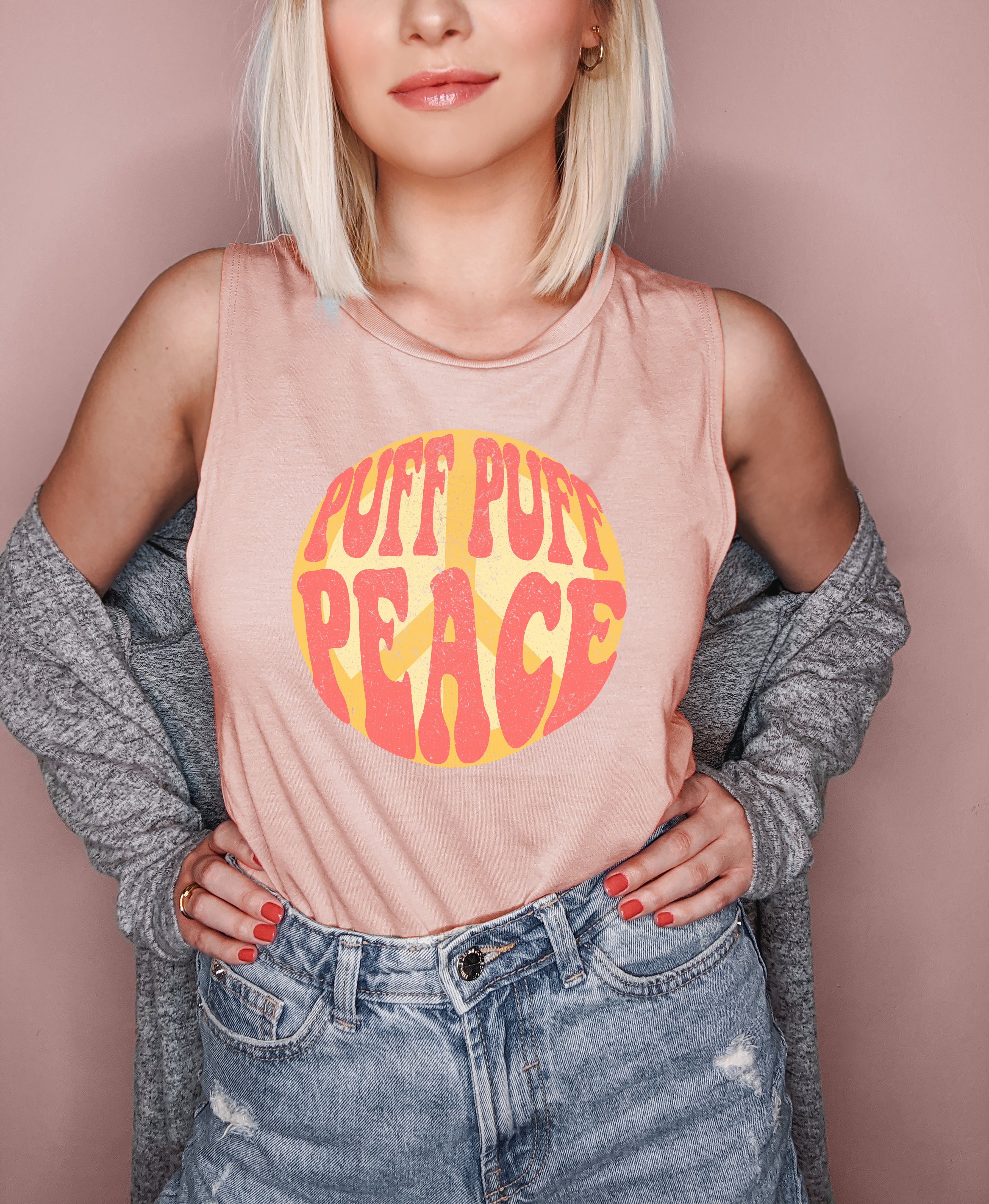 Peach muscle tank with a peace sign that says puff puff peace - HighCiti