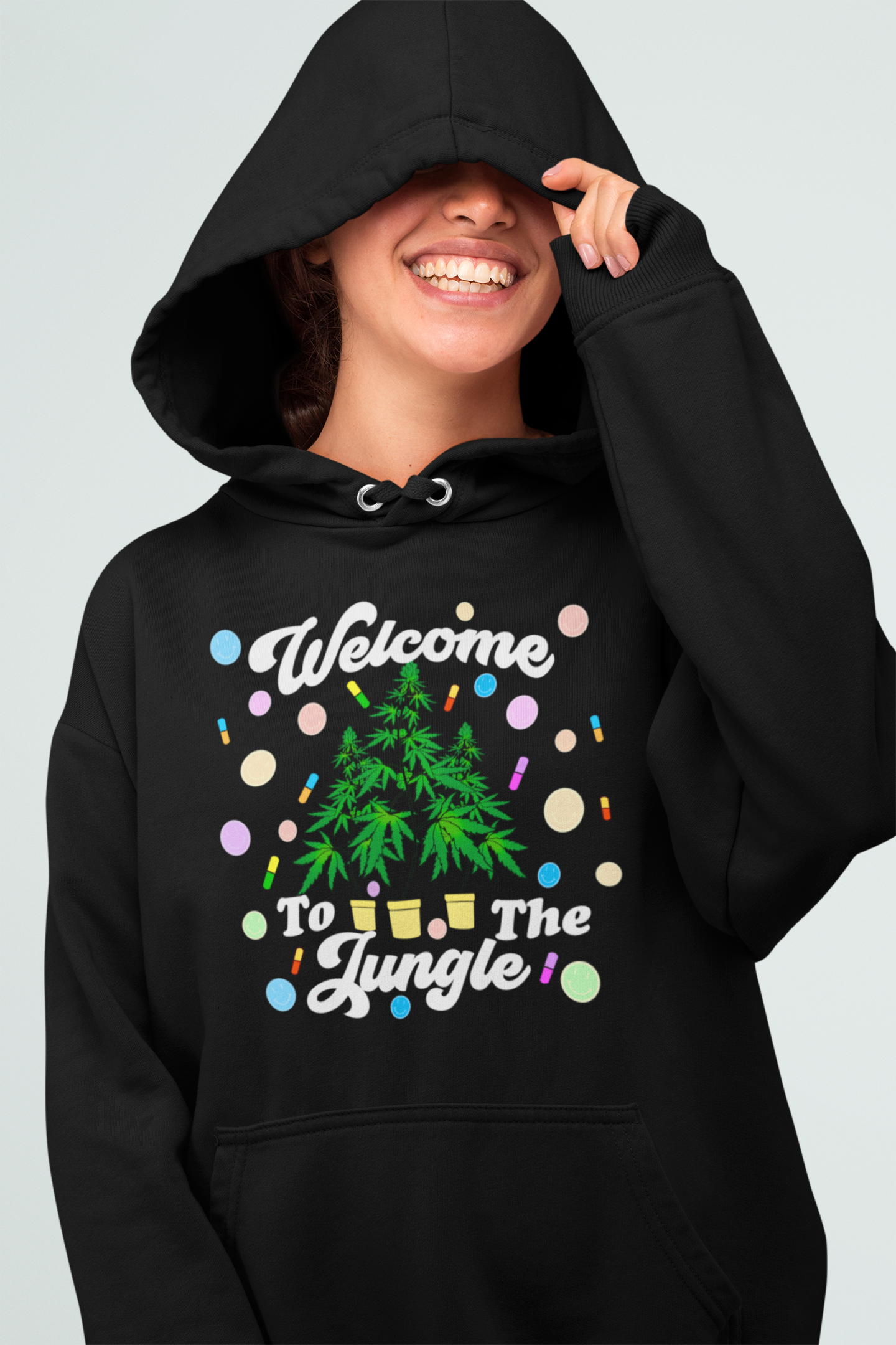 Black hoodie with a cannabis plants with drugs saying welcome to the jungle - HighCiti