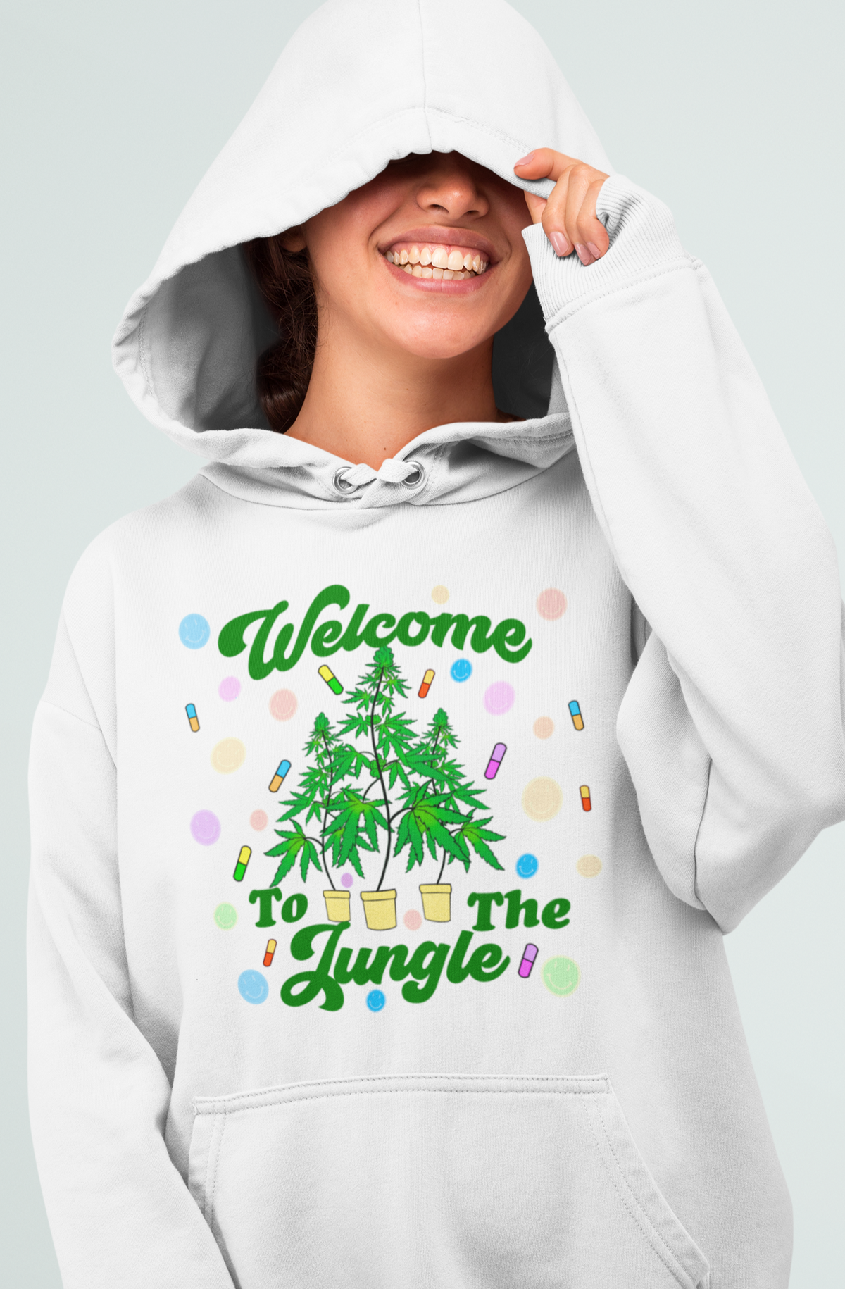 White hoodie with a cannabis plants with drugs saying welcome to the jungle - HighCiti