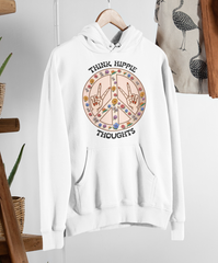 White hoodie with a floral peace sign saying think hippie thoughts - HighCiti