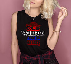 Black muscle tank with a barbecue grill that says red white and bbq - HighCiti