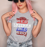 Grey shirt with a barbecue grill that says red white and bbq - HighCiti