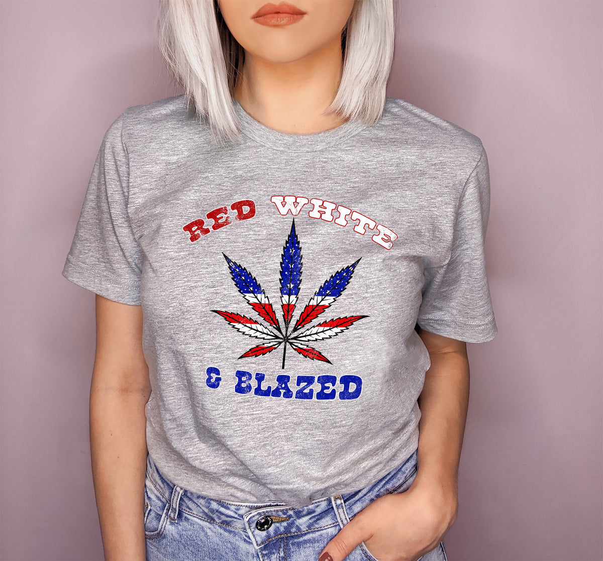 Grey shirt with a usa weed leaf that says red white and blazed - HighCiti