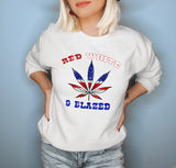 White sweatshirt with a usa weed leaf that says red white and blazed - HighCiti