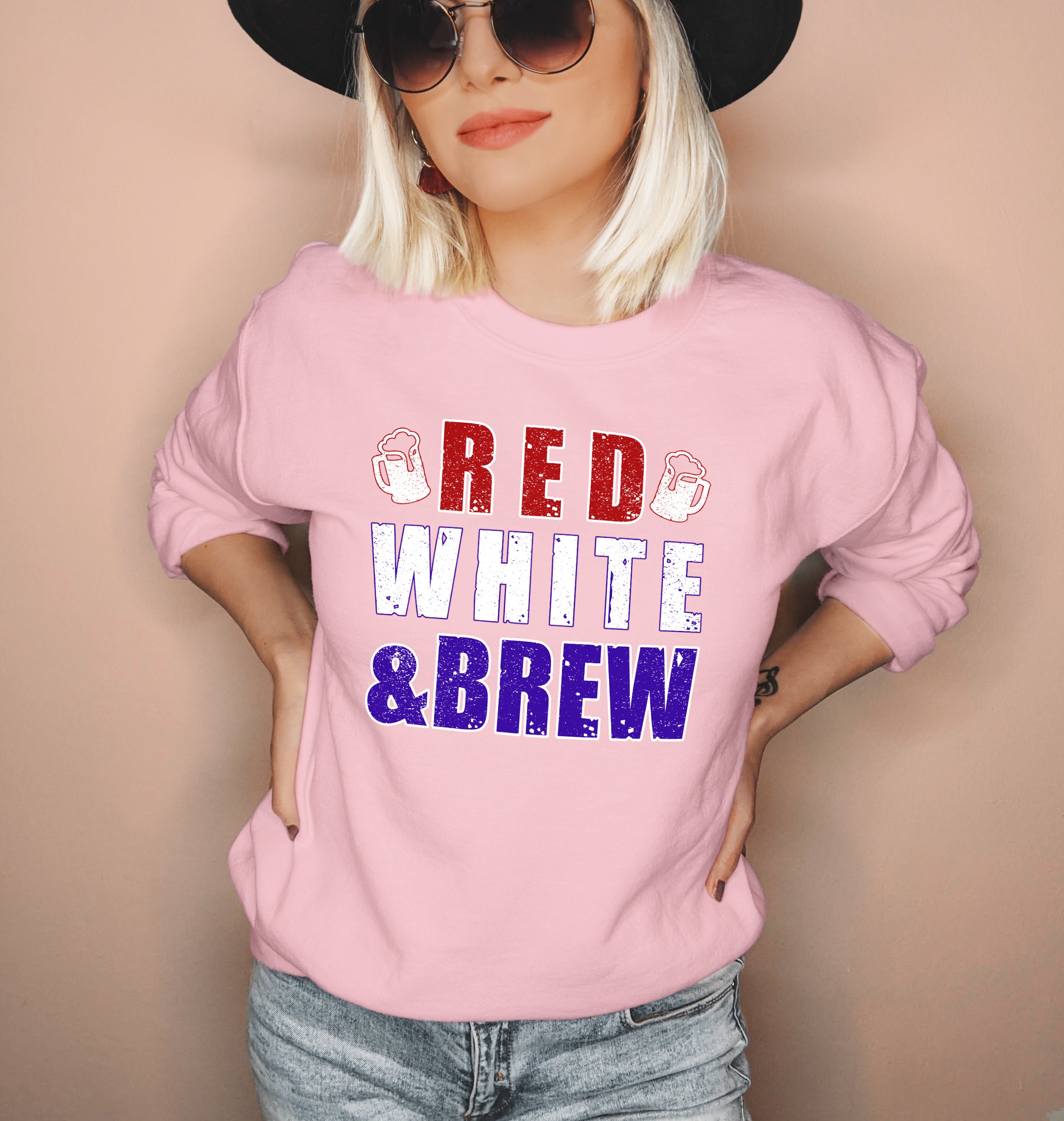 Pink sweatshirt with beer that says red white and brew - HighCiti