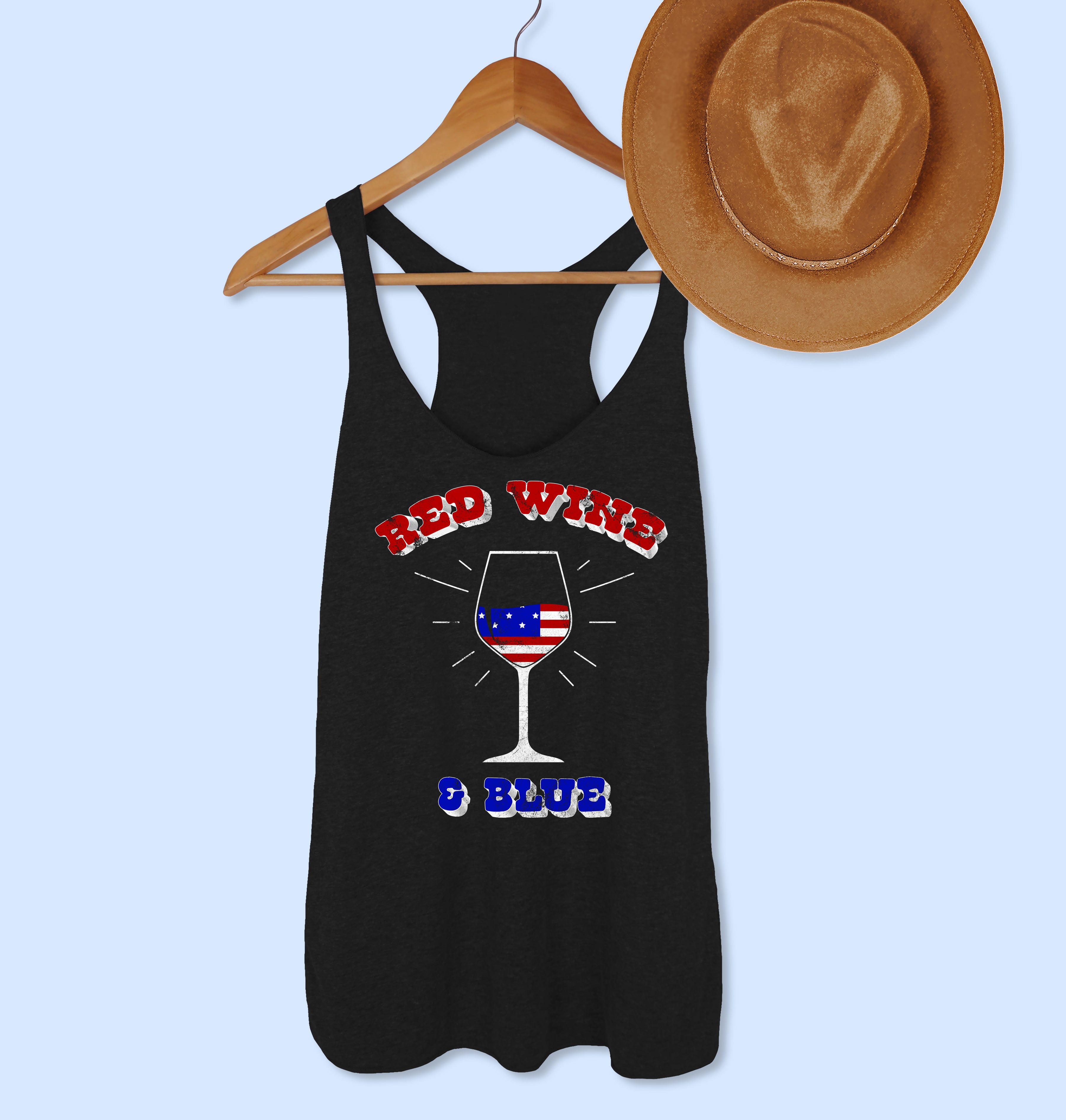 Black tank with a wine glass that says red wine and blue - HighCiti