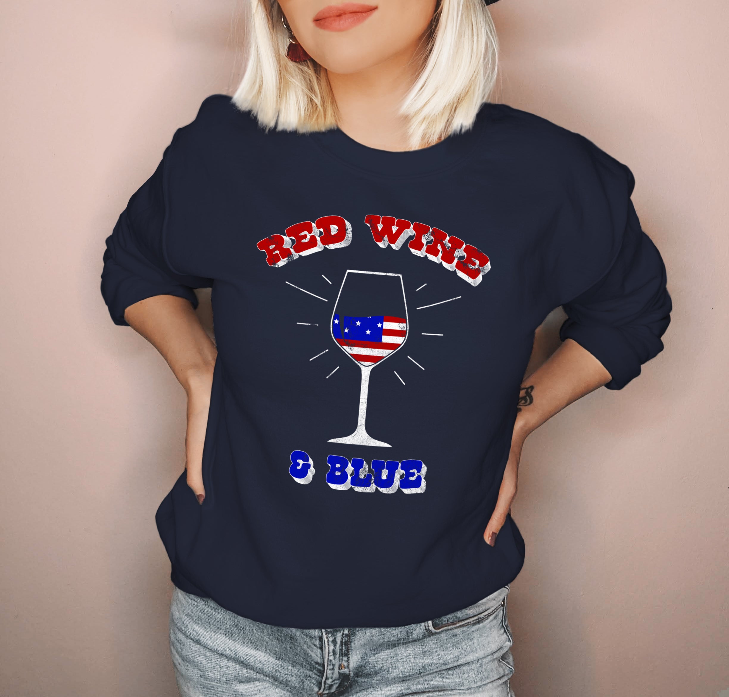 Navy sweatshirt with a wine glass that says red wine and blue - HighCiti