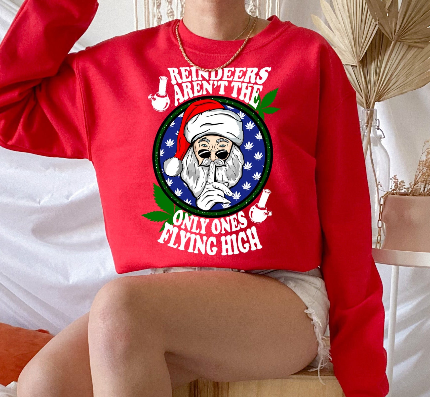 red sweater with santa that says reindeers aren't the only one flying high - HighCiti