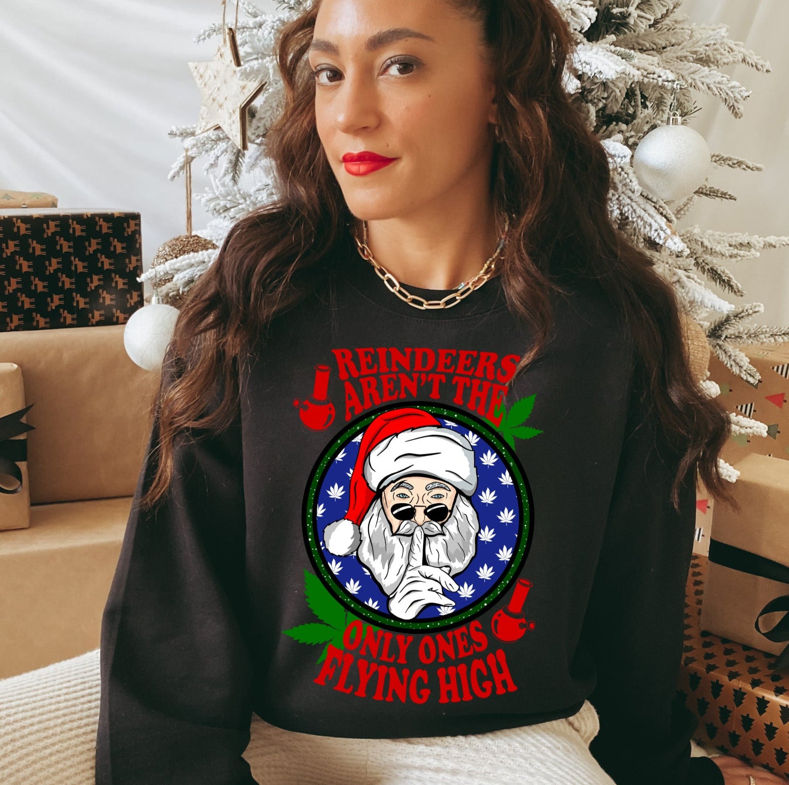 black sweater with santa that says reindeers aren't the only one flying high - HighCiti