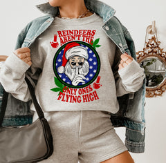 grey sweater with santa that says reindeers aren't the only one flying high - HighCiti
