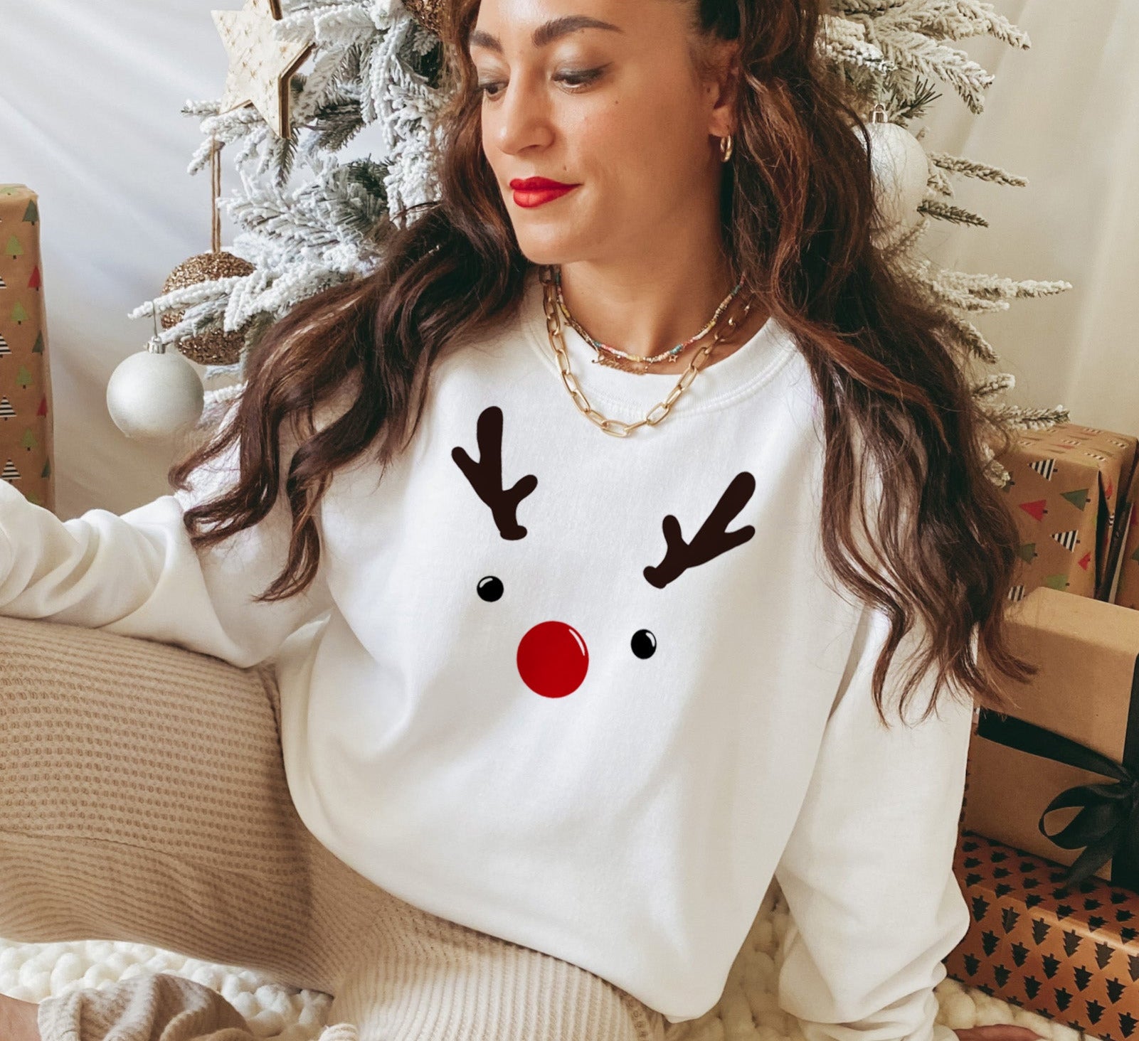 white sweater with a reindeer face - HighCiti
