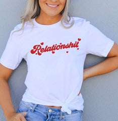White shirt with red hearts saying relationshit - HighCiti