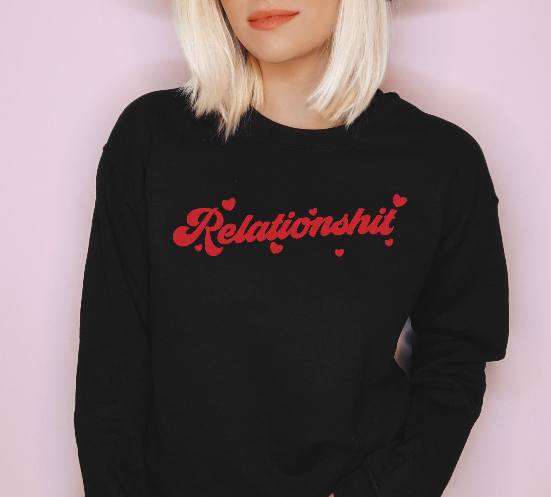Black sweatshirt with red hearts saying relationshit - HighCiti