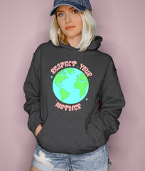 Dark heather hoodie with a planet saying respect your mother - HighCiti