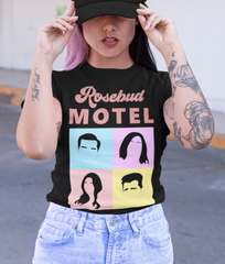 Black shirt saying rosebud motel with schitt's creek characters