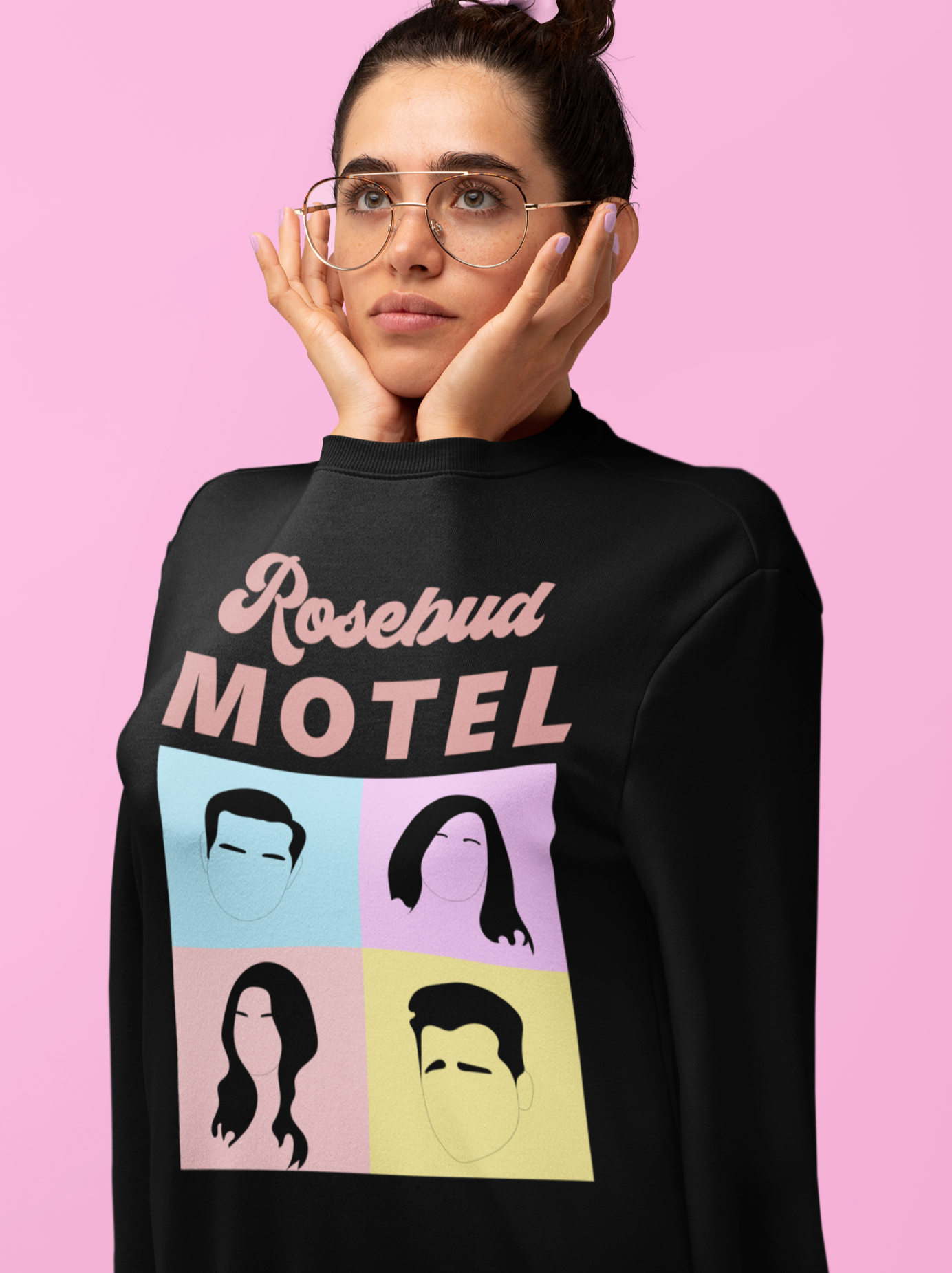 Black sweatshirt saying rosebud motel with schitt's creek characters