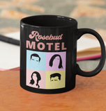 Black mug saying rosebud motel with schitt's creek characters