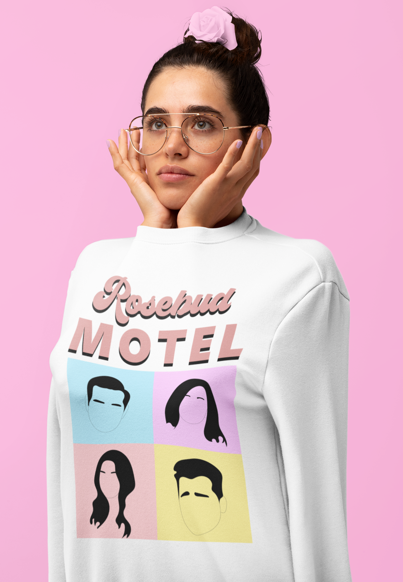 White sweatshirt saying rosebud motel with schitt's creek characters
