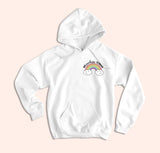White hoodie with a rainbow that says say perhaps to drugs - HighCiti