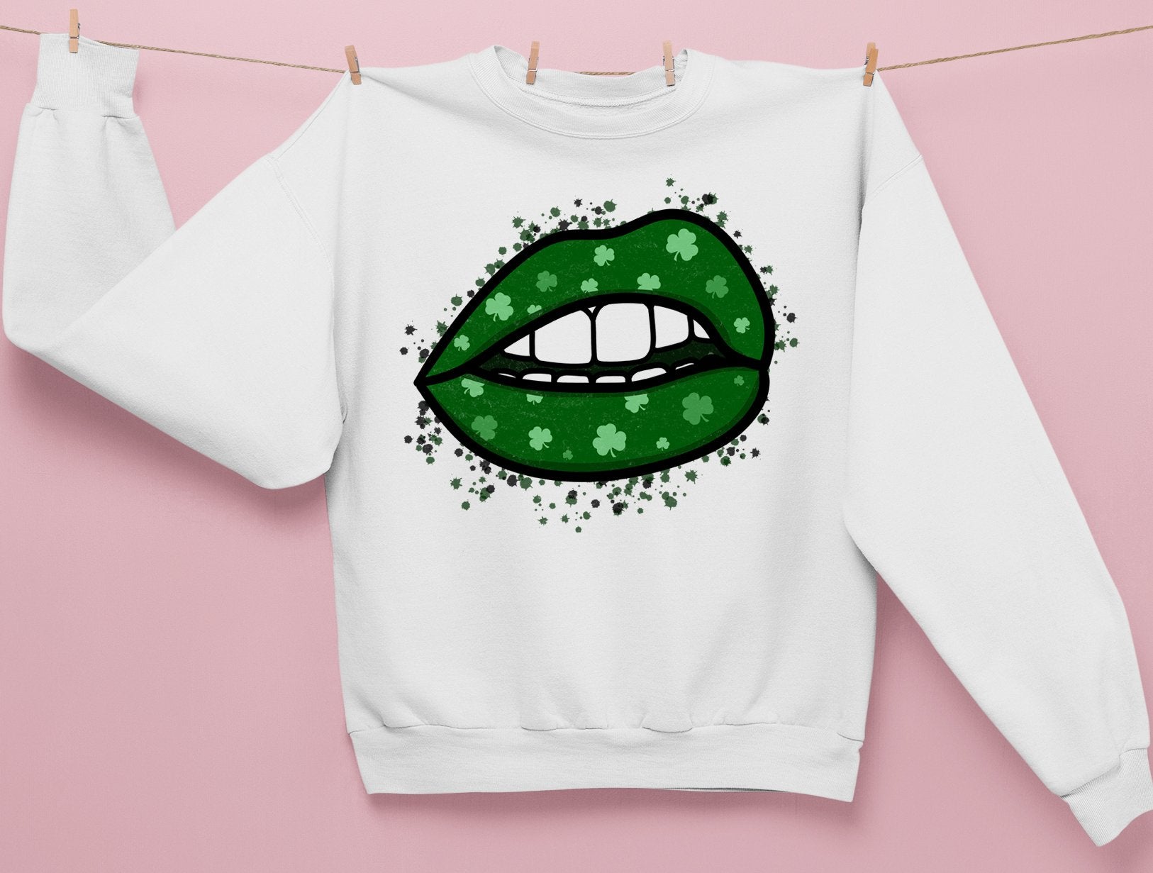 White sweatshirt with green shamrock lips - HighCiti