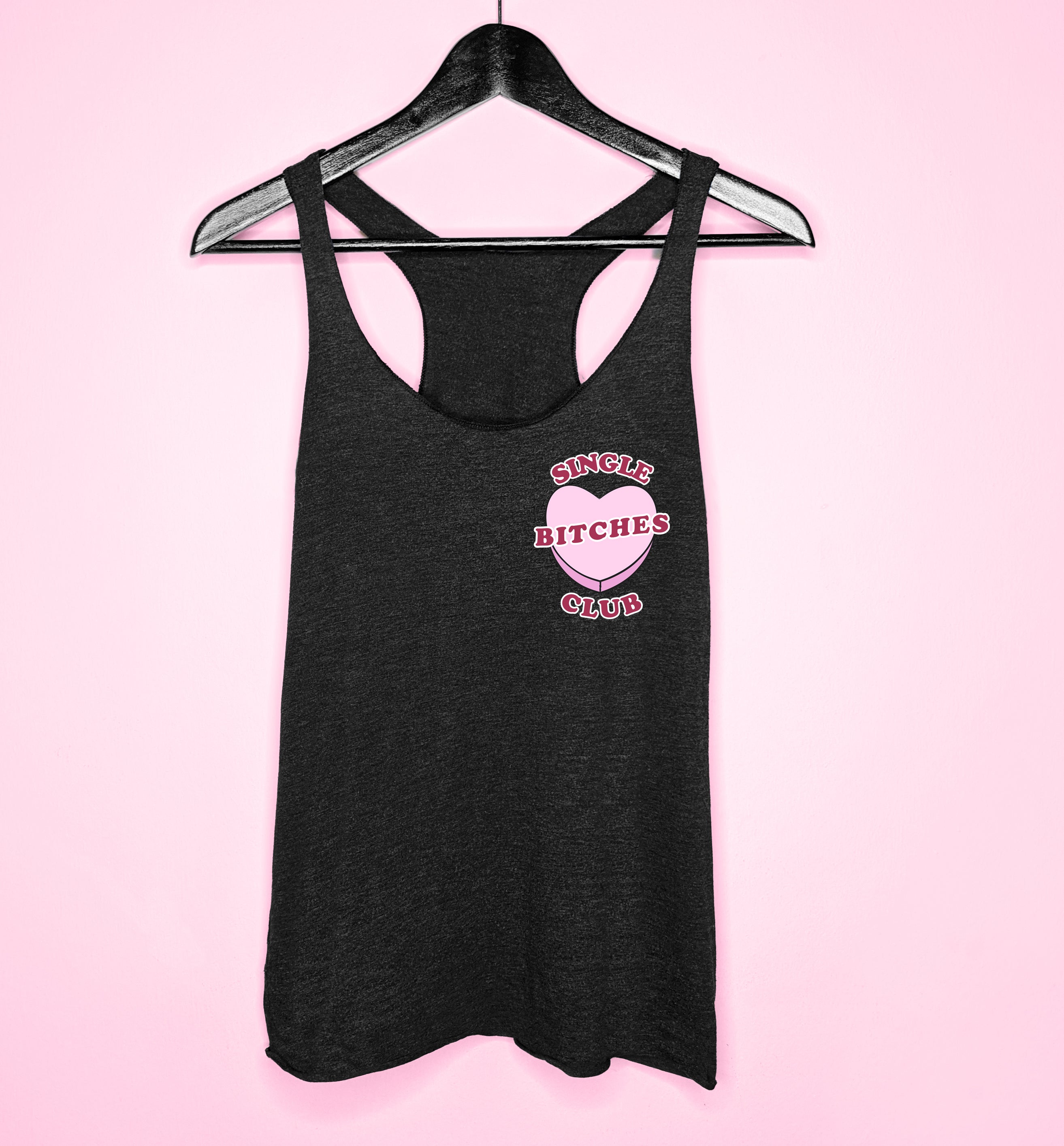 Black tank top with a candy heart saying single bitches club - HighCiti