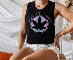 Black muscle tank with a weed leaf that says spaced out - HighCiti