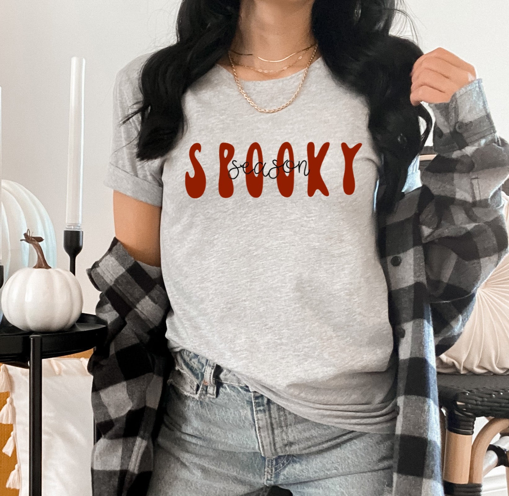 grey shirt that says spooky season - HighCiti