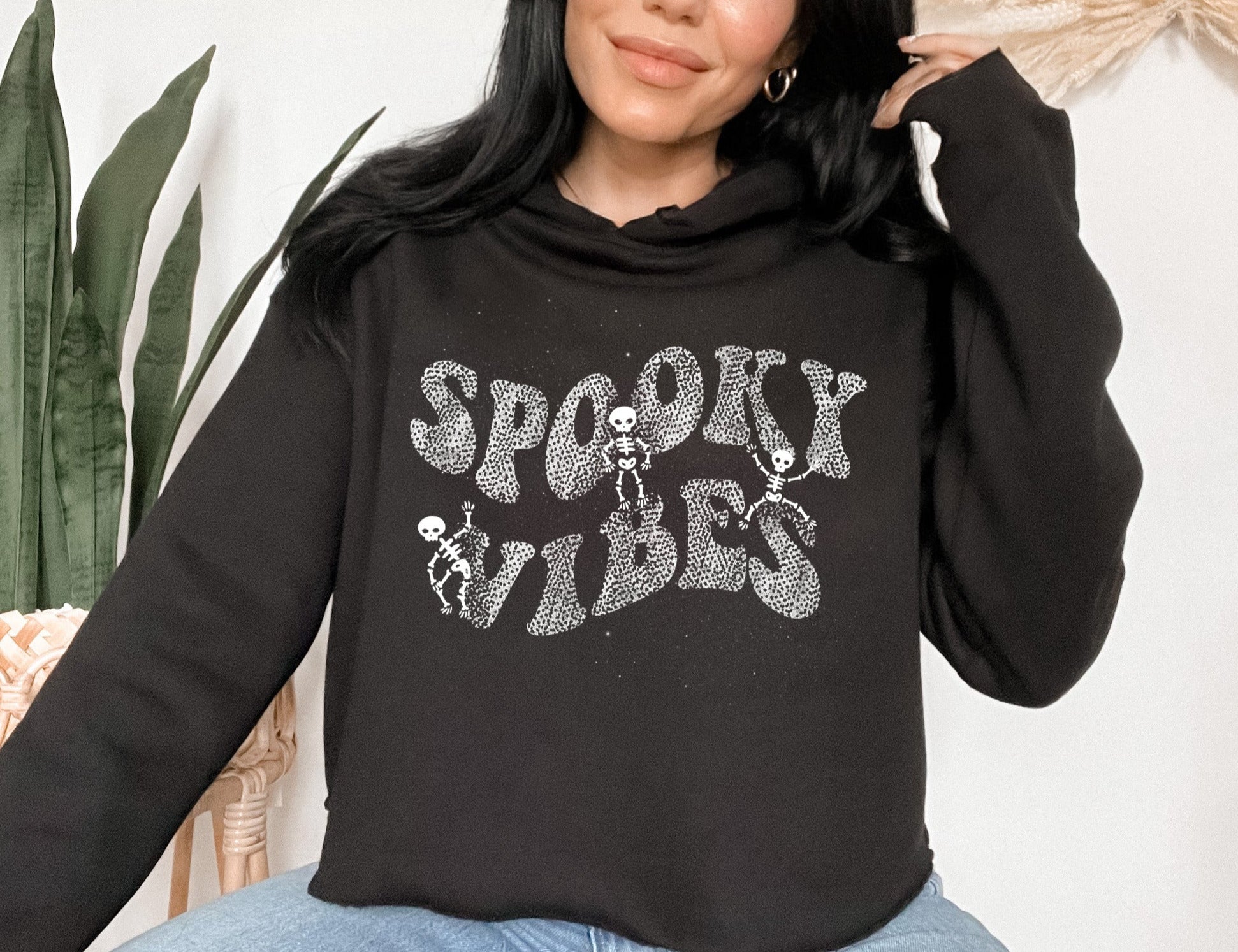 black crop hoodie with skeleton that says spooky vibes - HighCiti